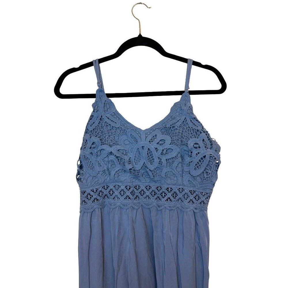 Blue Crochet Lace Bodice Tiered Midi Dress Boho Smocked Back Sundress Size XL - Picture 3 of 8